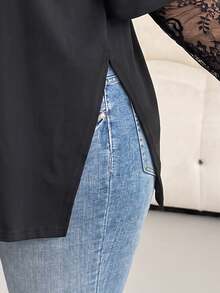 Shapeblank Plus Size T-Shirt With Lace Sleeves And Split Hem - Black - View 6