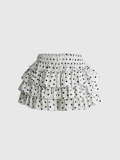 ROMWE Kawaii Shorts Feminino Y2K Doce Puro Desejo Fofo com Estampa de Bolinhas e Bainha com Babados Multicamadas para Uso Casual