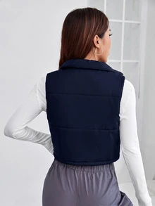 SHEIN PETITE 秋冬款拉鍊短版填充背心外套 - 藏蓝色 - 查看 2