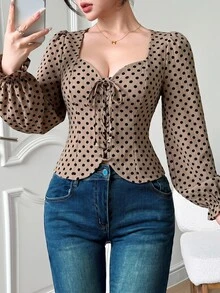 Feyla Women's Polka Dot Sweetheart Neck Front Tie Long Sleeve Blouse - Multicolor - View 5