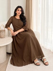 Solavon Plus Size Women's Solid Color Round Neck 3/4 Sleeve Button Design Casual Dress - Coffee Brown - View 3