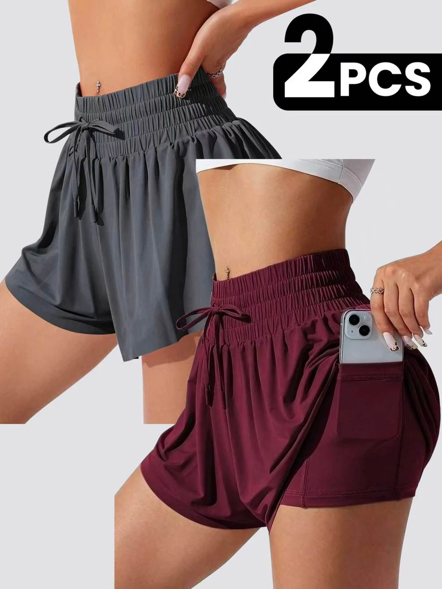 SHEIN Velisys Solid Color Drawstring Waist Double Layer Sports Shorts - Burgundy - View 1