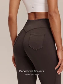 GLOWMODE 28" FeatherFit™-Warm Get To Work High-Waist Pull-On Work-Pant Leggings With Faux Placket & Back Pockets Yoga Studio Daily Fall Winter Wear - Brown - View 3