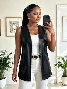 SHEIN Lady Plus Size Minimalist Versatile Pocket Jacket For Daily Wear - Black - View 5