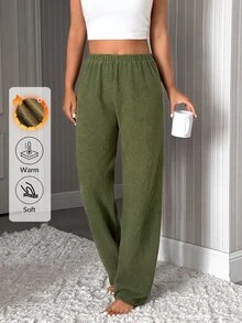 SHEIN Textured Waffle Knit Elastic Waist Sleep Pants For Winter - Green - View 7