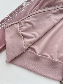 Elamini Vintage Y2K Velvet Fur Collar Hooded Rhinestone Embellished Waist-Cinching Slim Fit Long Sleeve Sweatshirt Jacket - Pink - View 8