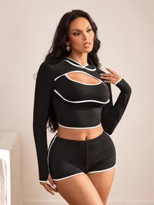 Slayform Black And White Contrast Trim Hollow Out Cropped Sweatshirt - Black - View 1