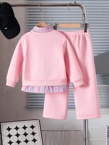 Genkimix Kids 少女款 2 件套抓絨內裡套裝，條紋假領衛衣配 3D 蝴蝶結裝飾與鬆緊腰寬腿褲，可愛粉色休閒穿搭 - 粉色 - 查看 2