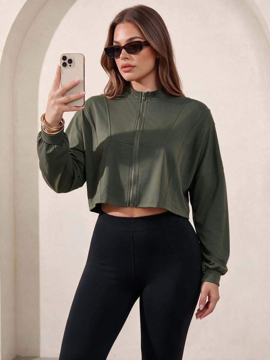 Easithlete Easithlete Solid Color Front Zip Cropped Sports Jacket - Olive Green - View 1