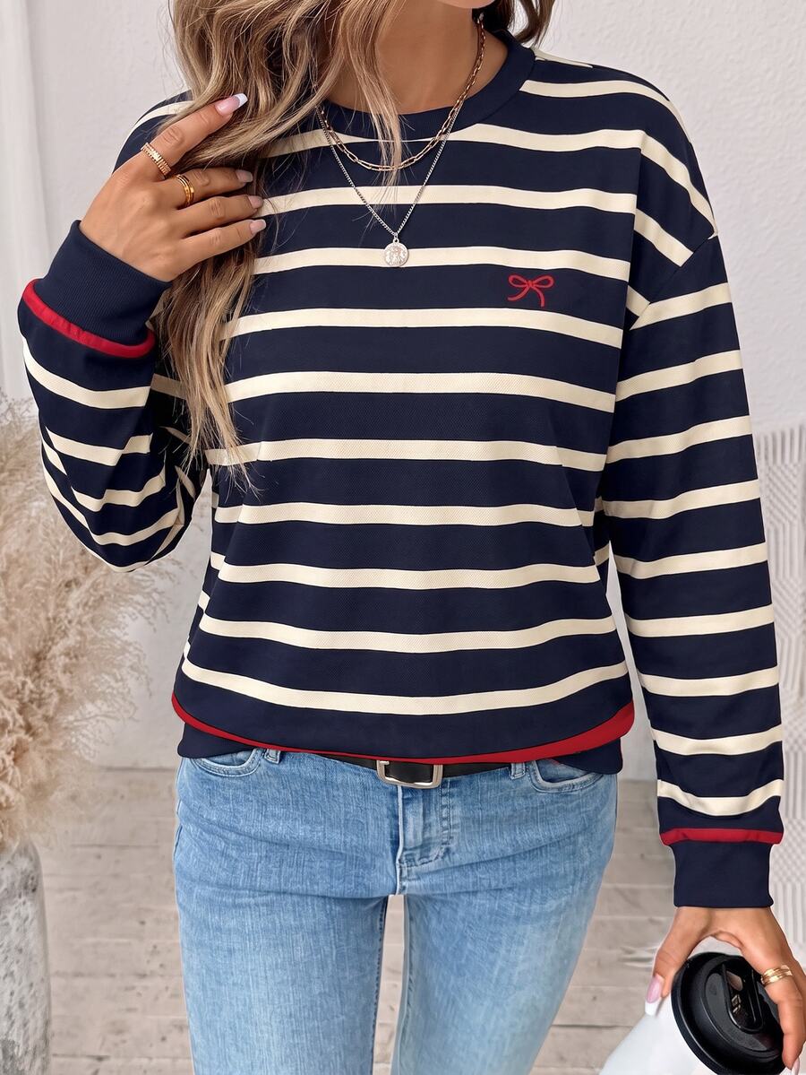 SHEIN LUNE 女款海軍藍條紋蝴蝶結圓領拼色運動衫 - 白色 - 查看 1