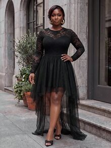 Slaydiva Plus Size Tulle Dress, Black Sheer Lace Long Sleeve High Low Ruffle Hem Prom Gown Fall - Black - View 6