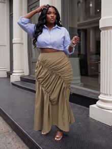 Slaydiva Autumn/Winter Casual Street Khaki Asymmetric Ruched Fishtail Skirt Plus Size - Brown - View 7