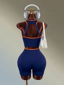 Mistrie 1 Set Navy Blue Orange Contrast Trim Racerback Sports Set, Adjustable Straps, Cross Waist Shorts, Slim Fit, For Yoga Fitness Workout Summer - Navy Blue - View 2