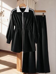 Lacomfia Women's Baggy Retro Stand Collar Colorblock Loose Jacket Versatile Wide Leg Pants Plus Size 2 Pieces Set For Vacation Black And White Black Autumn - Black - View 1