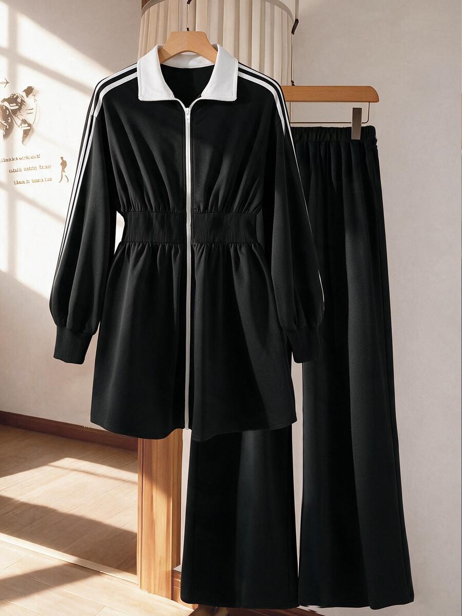 Lacomfia Women's Baggy Retro Stand Collar Colorblock Loose Jacket Versatile Wide Leg Pants Plus Size 2 Pieces Set For Vacation Black And White Black Autumn - Black - View 1