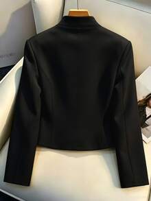 SHEIN Franclia French Style Stand Collar Double-Breasted Gold Button Cropped Blazer Jacket For Women, Premium Commuter Slimming Jacket Top For Petite - Black - View 2