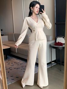 DAZY Women's Solid Color Waist Button Design Long Sleeve Knit Cardigan And Knit Flare Pants Elegant 2 Pieces Set - Beige - View 4