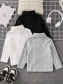 SHEIN 兒童 3件組小男孩針織高領素色T恤，小學、中學校服 - 彩色 - 查看 2