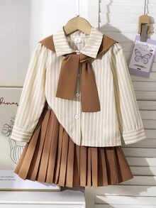 SHEIN Young Girls' Striped Shirt And Pleated Skirt 2 Pieces Set, Suitable For Daily School, Performance, Party, Travel, Visiting Friends And Family - Brown - View 8