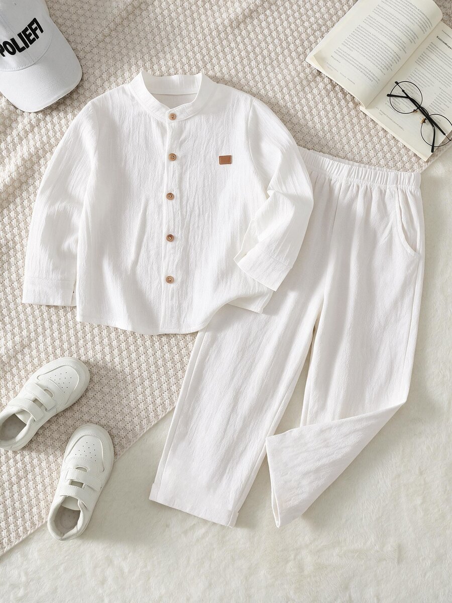 SHEIN 兒童小男孩學院風刺繡Logo立領長袖上衣/長褲套裝 - 彩色 - 查看 1