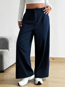 Vionelle Plus Size Loose Straight Leg Wide Leg Pants With Pockets Solid Color - Navy Blue - View 6