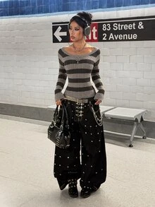 SHEIN HypeZone Minimalist Grunge Street Style Women's Autumn/Winter Grey Plaid V-Neck Long Sleeve Striped Cable Knit Slim Fit Sweater Top Night Out - Grey - View 5