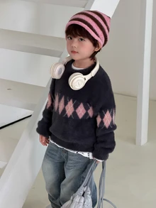 DAZY Infant/Toddler (Boy) Round Neck Diamond Grid Long Sleeve Autumn/Winter Korean Style Sweater - Grey - View 6