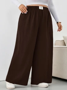 SHEIN CURVE+ 大尺碼格紋長褲，黑白格紋彈性腰帶口袋寬腿褲，2026秋冬 22W - 咖啡棕 - 查看 5