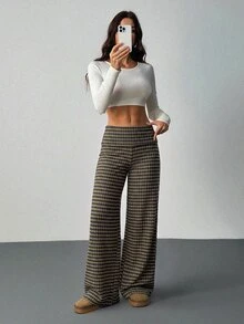 SHEIN Tall 女款摺腰運動休閒條紋喇叭褲，適合早午餐與日常穿著，橄欖綠，秋季 - 彩色 - 查看 7