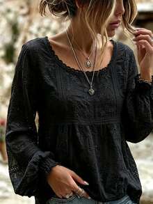 SHEIN Holidaya 女款刺繡圓領燈籠袖休閒百搭襯衫 - 黑色 - 查看 5