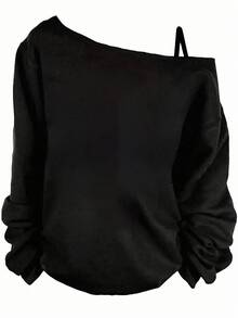 SHEIN CURVE+ 秋冬新款大尺碼女款休閒極簡露肩長袖T恤 - 彩色 - 查看 5