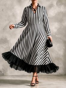 GlowEve CURVE Gaun Kasual Modis untuk Liburan, Gaya Prancis Vintage, Elegan, Cocok untuk Perjalanan, Motif Garis Hitam Putih, Jala, dan Patchwork, Cocok untuk Musim Gugur. - Hitam - View 7
