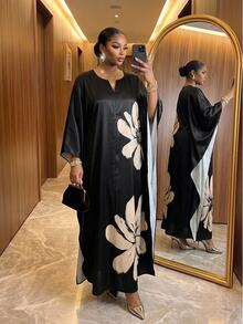 SHEIN Lady Plus Size Women's Floral Print Notched V-Neck Batwing Sleeve Elegant Dress Wedding Party Black Autumn Wedding Guest Dress Prom Dresses Halloween Fall - Black - View 4