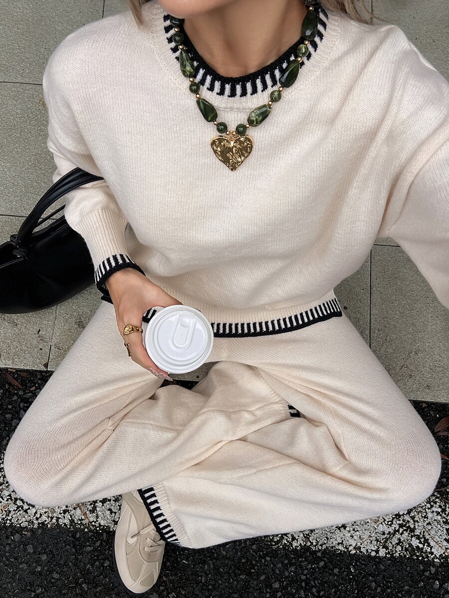 DAZY Autumn/Winter Beige Round Neck Trim Sweater & Loose Wide Leg Pants Casual Versatile Daily Commute Women's Two Pieces Set - Apricot - View 1