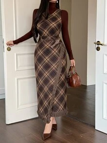 DAZY Women's Fashionable Elegant Plaid Dress With Frayed Hem - Brown - View 6