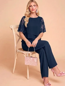 Amorya Women's Elegant Casual Commute Floral Embroidered Mesh Patchwork Shirt Pants 2 Pieces Set Wedding Party Cocktail Formal Navy Blue Summer - Navy Blue - View 4
