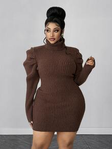 Maweii Plus Size Women's Knit Dress High Neck Petal Sleeve Slimming Fashion Dress - Coffee Brown - View 5