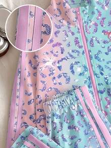 SHEIN 2件組女孩套裝：彩色條紋拉鍊夾克配刺繡蝴蝶結與鬆緊腰長褲，適合幼兒園女孩。復古運動風套裝，適用於街頭穿搭、運動、健身與閨蜜出遊，四季時尚單品。 - 彩色 - 查看 5