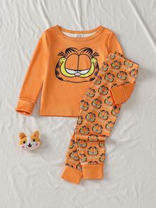 GARFIELD | SHEIN 男嬰時尚可愛聯名圖案印花修身布料長袖上衣與長褲居家休閒套裝 - 黃色 - 查看 1