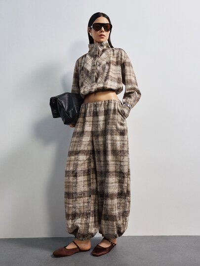 MERLEAU Women's Modern Bubble Plaid Pocket Casual Jogger Pants