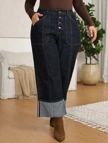 EMERY ROSE EMERY ROSE Plus Size High-Rise Dark-Wash Cuffed Wide-Leg Jeans,Dark-Wash Denim,Office Outfit,Elegant,Casual,Vacation,Business,Country,Western,Halloween,Christmas - Blue - View 8
