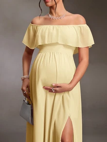 Cheriluna Maternity 優雅露肩荷葉袖側開衩A字雪紡孕婦洋裝 - 黃色 - 查看 7