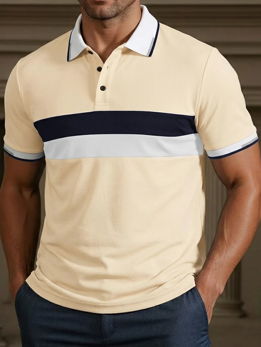 Manfinity Homme 橫條紋藍白灰拼色羅紋拉鍊休閒 Polo 短袖襯衫 - 彩色 - 查看 1
