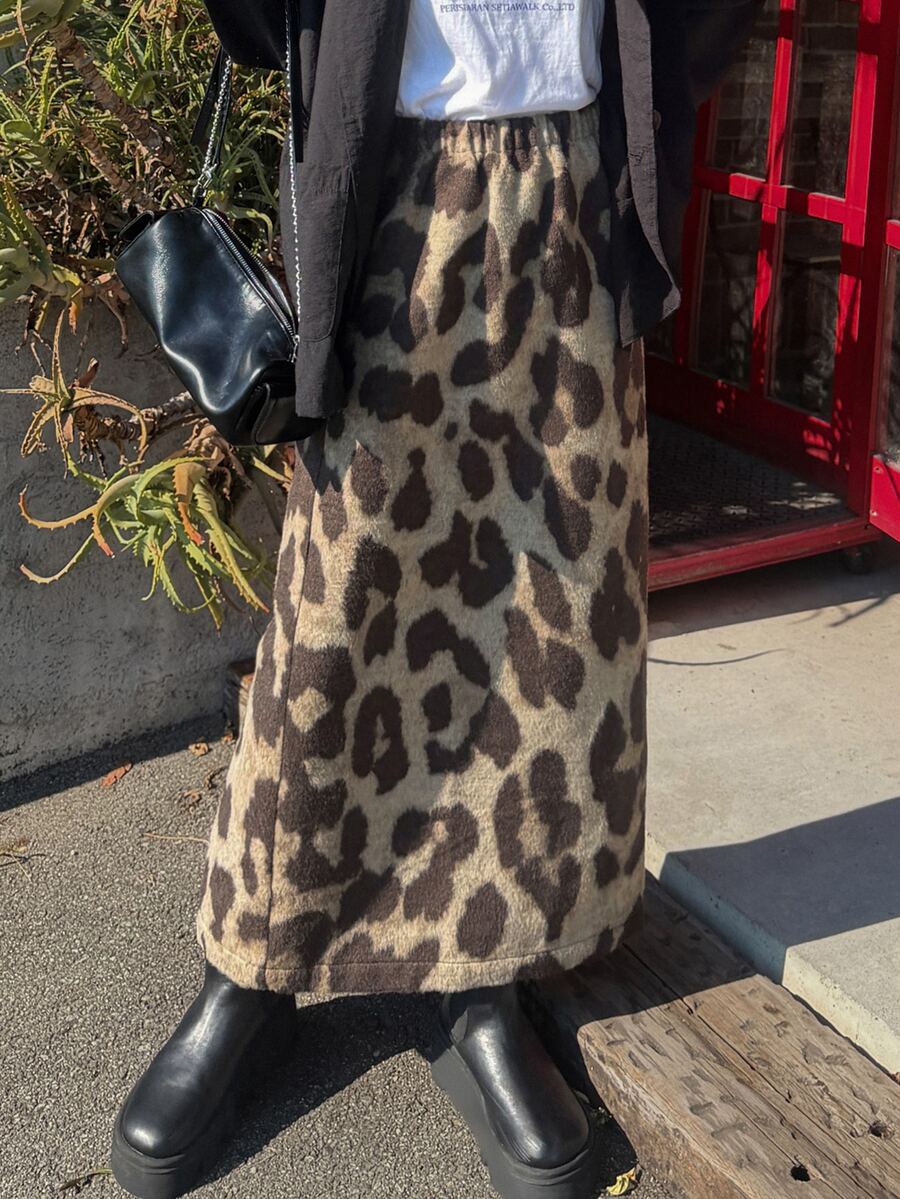 FRIFUL Women's Fashionable Leopard Print Midi Skirt Street Style - Brown - View 1