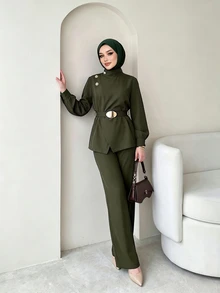 Celisse 女款秋季新款時尚優雅兩件套，時尚夾克搭配寬腿褲套裝 - 軍綠色 - 查看 3