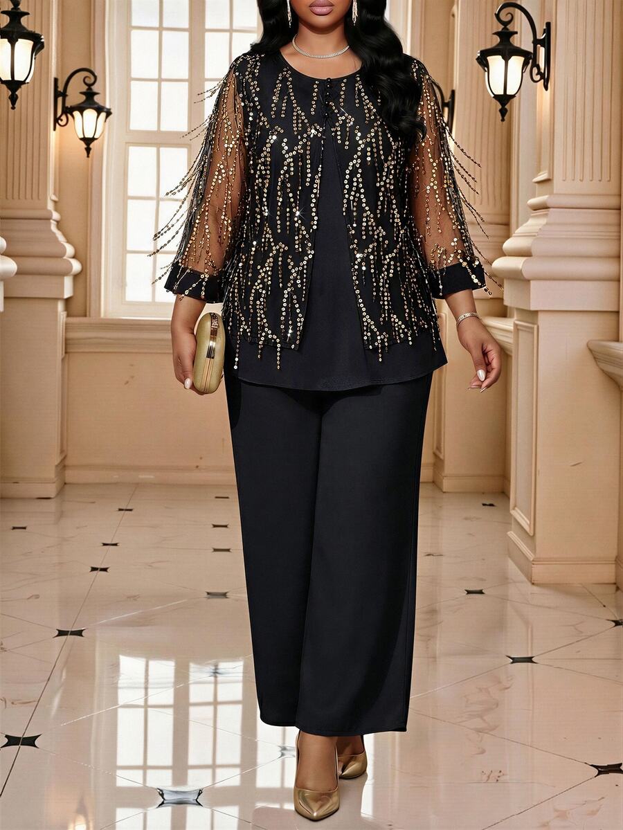 SHEIN Lady CURVE Plus Size Women's Patchwork Sequin Mesh 3/4 Sleeve Top And Wide Leg Pants Elegant 2 Pieces Set - Black - View 1