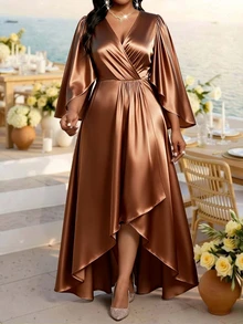SHEIN Lady Plus Size Women's Solid Color V-Neck Pleated Casual Party Dress - Brown - View 1