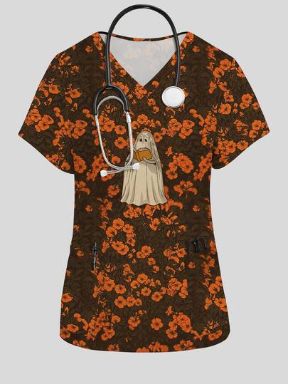 PopScrub Halloween Theme Vintage Dark Brown Background Autumn Floral Ghost Pattern Print Women's Nurse Scrub Top, Fashionable V-Neck Short Sleeve Double Pocket Design Workwear For Women, Cute Surgical Scrub Top, Scrub Top, Suitable For Hospitals And Various Institutions