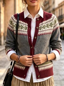SHEIN Women's Fashion Jacquard Button Contrast Color Cardigan - Multicolor - View 5