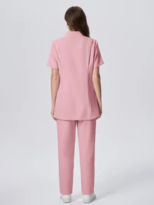 Scrubzie Solid Color Short Sleeve Top And Long Pants Scrub Uniform Set - Pink - View 6